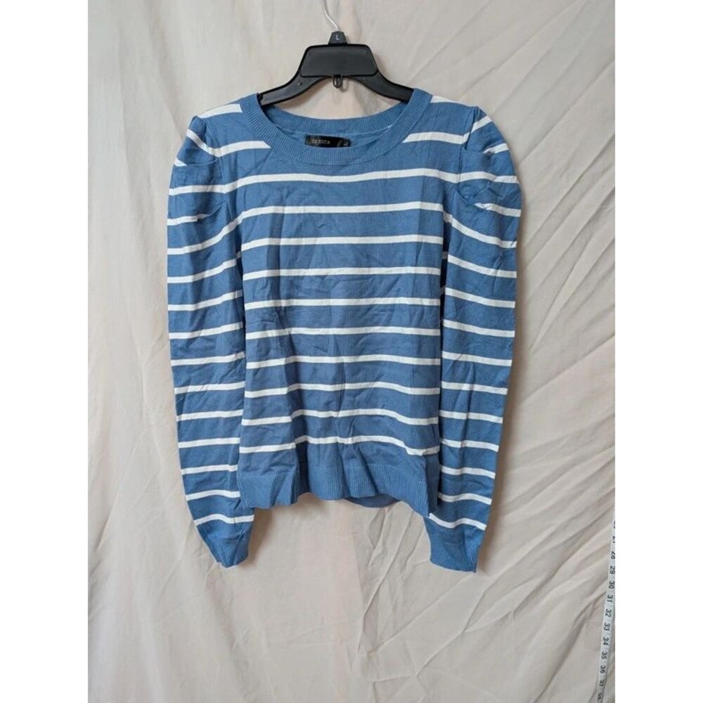 L blue and white striped long-sleeve knit sweater puff shoulders from Zesica